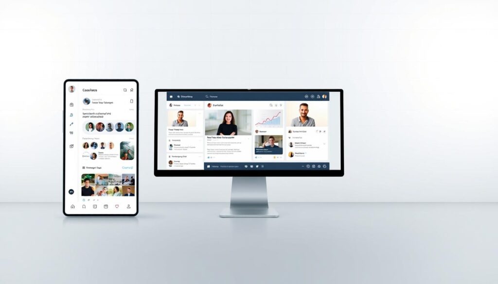 A modern, minimalist social media platform for coaching professionals. The foreground features a clean, intuitive interface with a central feed, sidebar menus, and profile sections. The middle ground showcases coaching-related content, such as video sessions, text posts, and visual analytics. The background is a subtle grid or pattern, conveying a sense of structure and organization. The overall aesthetic is sleek, sophisticated, and focused on the unique needs of the coaching industry. Lighting is soft and even, creating a calm, professional atmosphere. The camera angle is a frontal view, allowing for a comprehensive understanding of the platform's layout and functionality.