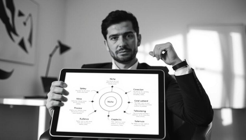 A professional business coach sits thoughtfully, surrounded by a minimalist black and white office. The lighting is soft and diffused, casting gentle shadows that accentuate the coach's contemplative expression. In the foreground, a tablet displays a visual representation of a niche, with interconnected concepts and target audience details. The background features a simple, clean-lined desk and a wall adorned with abstract geometric patterns, creating a sense of focus and clarity. The overall atmosphere conveys a deep understanding of the importance of defining one's niche for attracting the right coaching clients.