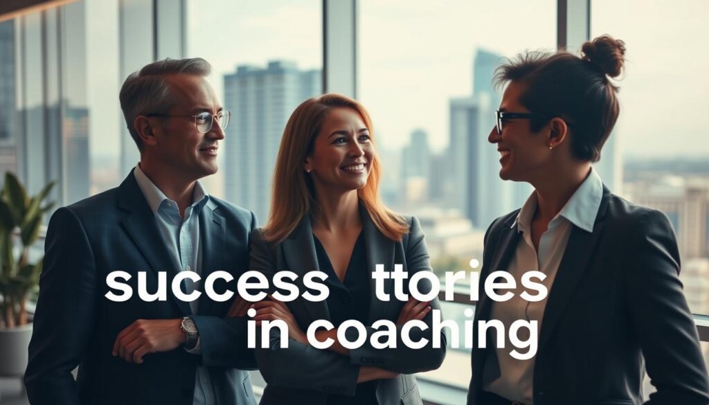 A serene and professional office setting, with large windows overlooking a city skyline in the background. In the foreground, three successful coaches stand confidently, their posture and attire exuding an air of authority and expertise. The lighting is soft and warm, creating a sense of calm and productivity. The coaches are engaged in a discussion, their faces expressing a mix of determination and satisfaction, symbolizing the rewarding nature of their coaching practice. The overall atmosphere conveys the notion of "success stories in coaching," highlighting the transformative power of their work.