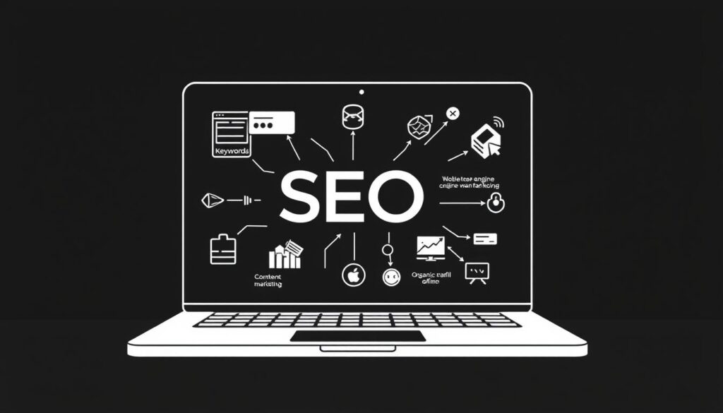 High contrast black and white illustration of a laptop screen displaying various SEO strategies and tactics for coaching clients online, with a focus on keywords, search engine rankings, and organic traffic. Minimal, clean design with geometric shapes, lines, and icons to represent elements like website optimization, content marketing, and social media integration. Muted tones and shadows create a moody, atmospheric feel, emphasizing the importance of a well-planned SEO approach for coaches looking to effectively reach and engage their target audience online.